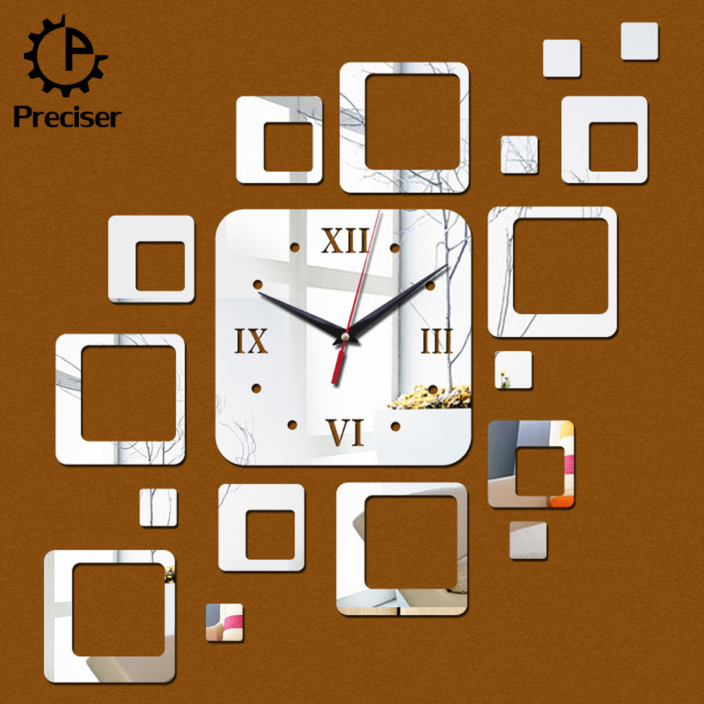 Preciser Qulilty European Personality Design 3D Square Mirror Wall Clock