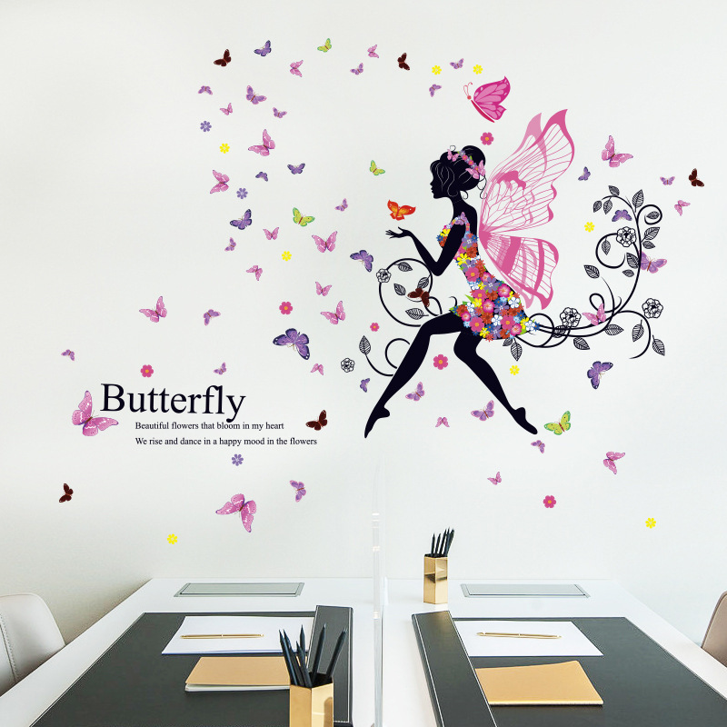 Flower Fairy Decoration Back Sticker Girl Elf Butterflies Bedroom Sticker Waterproof DIY Home Wall Decals Room Wallpaper