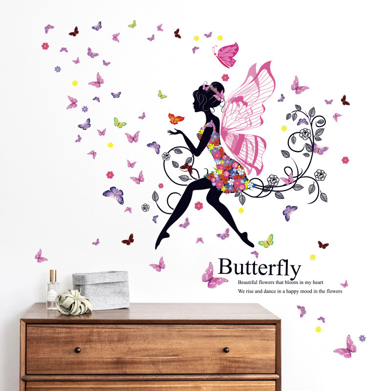 Flower Fairy Decoration Back Sticker Girl Elf Butterflies Bedroom Sticker Waterproof DIY Home Wall Decals Room Wallpaper