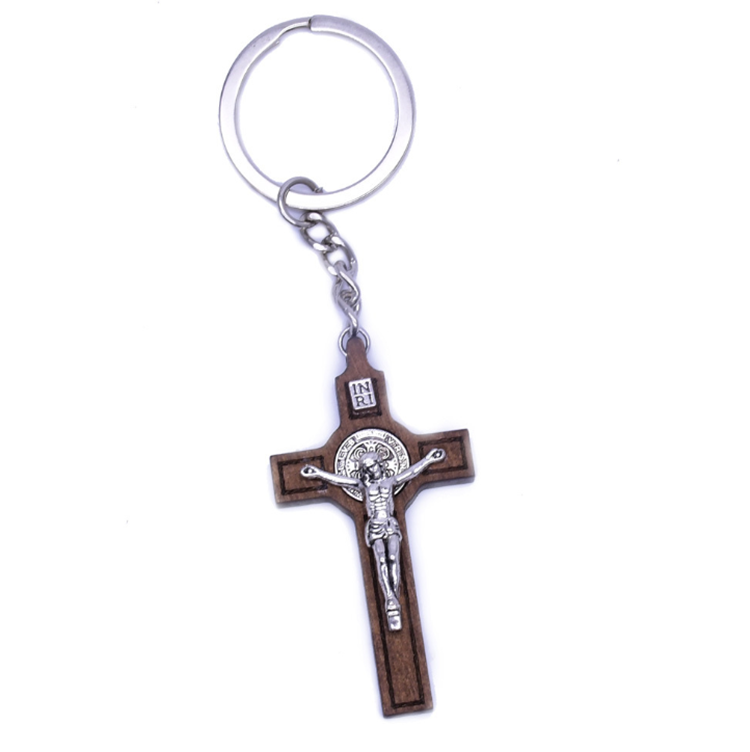 High Quality Jesus Christ Cross Pendant Wood Keychain for Christian Gifts Key Ring