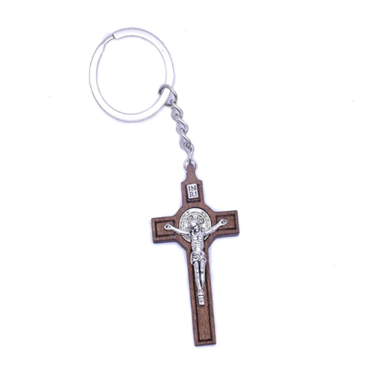 High Quality Jesus Christ Cross Pendant Wood Keychain for Christian Gifts Key Ring