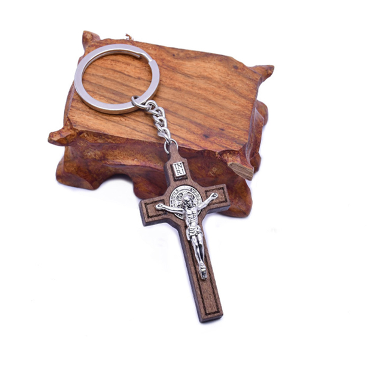 High Quality Jesus Christ Cross Pendant Wood Keychain for Christian Gifts Key Ring