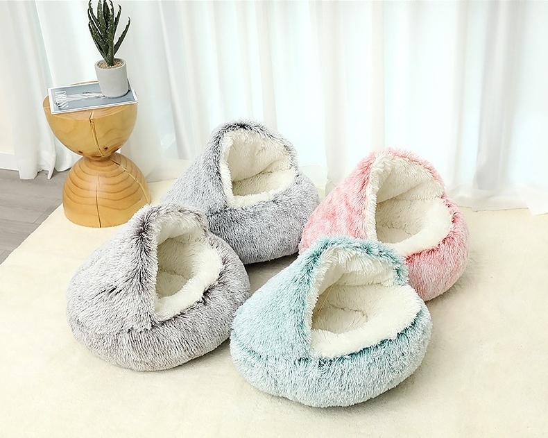 Four seasons plush cat nest semi-enclosed cat dog  bed warm deep sleeping round pad puppy nest cave sleeping bag