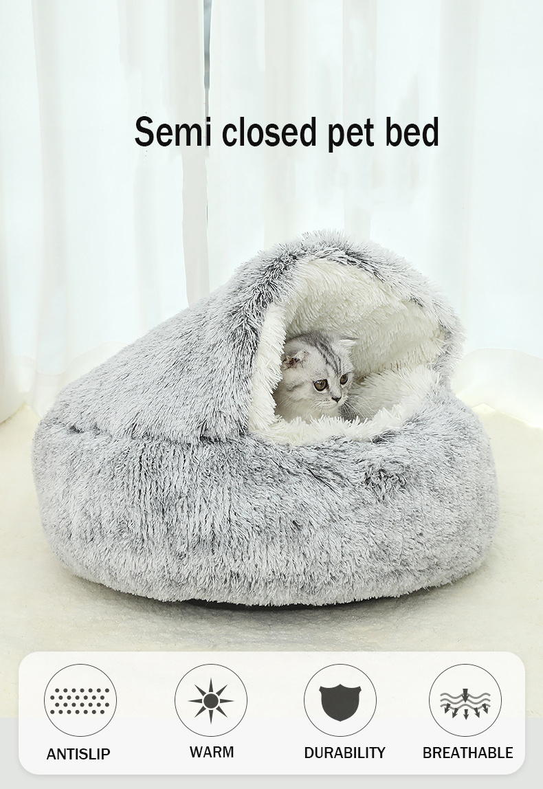 Four seasons plush cat nest semi-enclosed cat dog  bed warm deep sleeping round pad puppy nest cave sleeping bag