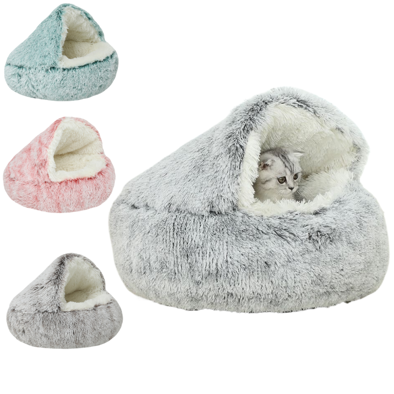 Four seasons plush cat nest semi-enclosed cat dog  bed warm deep sleeping round pad puppy nest cave sleeping bag