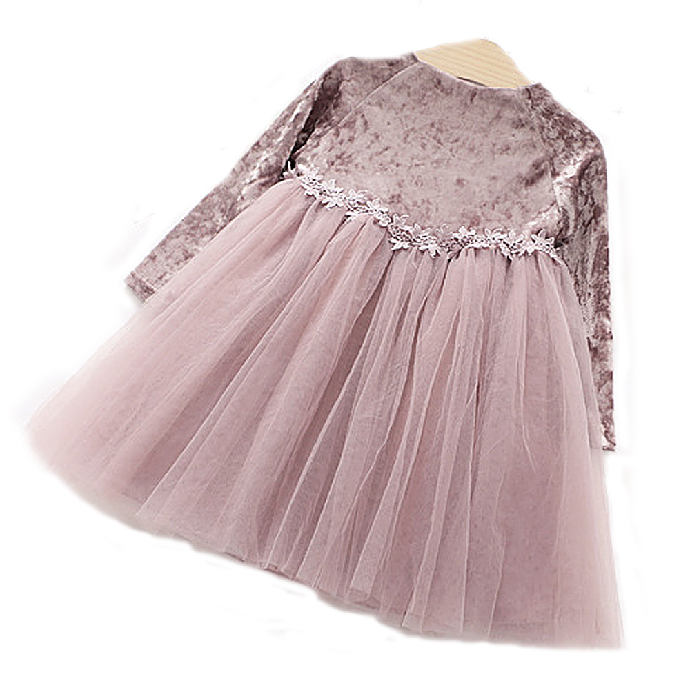 baby girl wedding dress spring long sleeve tutu dress for girl kids tulle lace pageant frock Velvet Fleece Midi Cute party dress