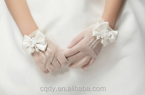 Ivory Bridal Short Lace Net Gloves Bow Wedding Tulle Net Gloves