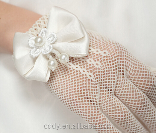 Ivory Bridal Short Lace Net Gloves Bow Wedding Tulle Net Gloves