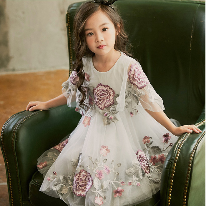 Handmade Baby girl Princess Dress Tutu half Sleeve tulle Dresses Embroidery Dress for Birthday Dance Party Kids Costume