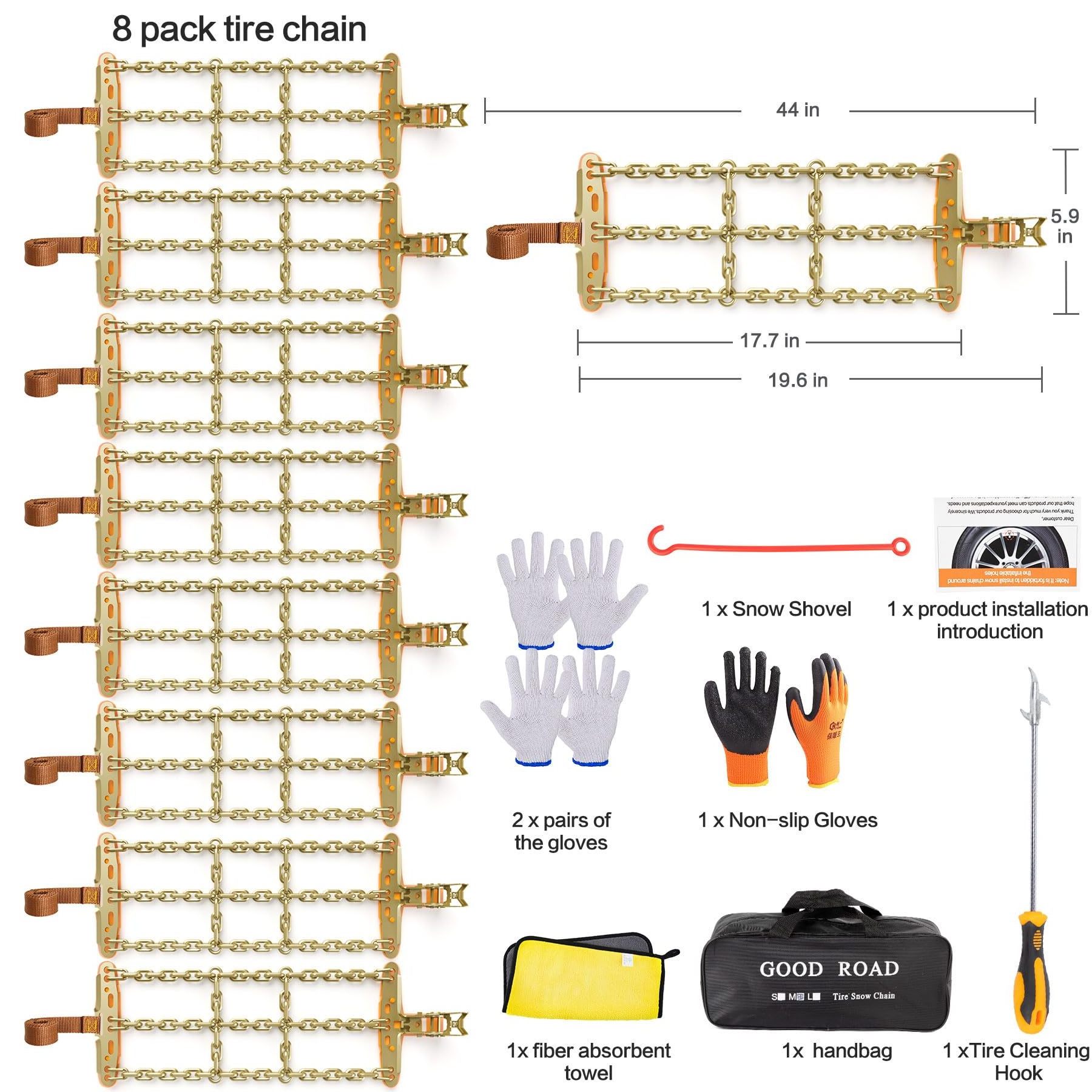 Snow Chains for Car Tire Chains 8pcs Adjustable Durable Universal Anti-skid Tire Chains for Pickup Trucks SUV Tire 165-265mm