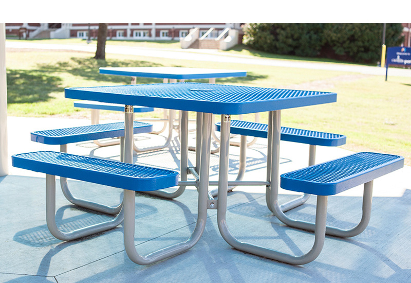 Outdoor Commercial Furniture Steel Mesh Picnic Table And Bench Coffee Shop Expanded Metal Picnic Table With Umbrella Hole