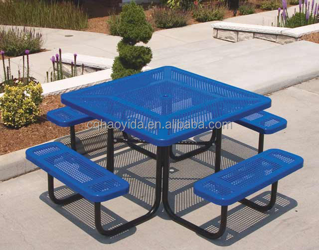 Outdoor Commercial Furniture Steel Mesh Picnic Table And Bench Coffee Shop Expanded Metal Picnic Table With Umbrella Hole