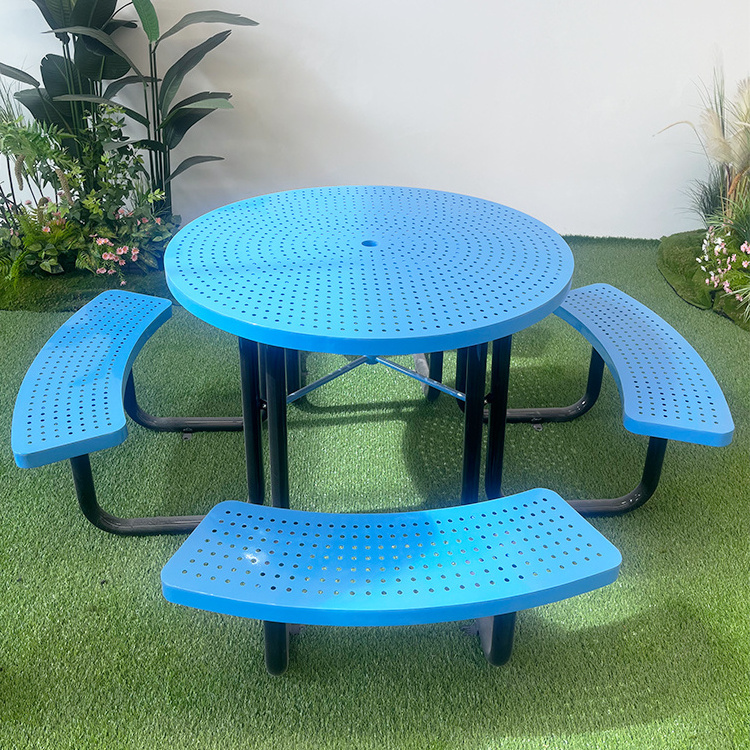 Wholesale Park Furniture 6ft Steel Picnic Table Commercial Expanded Metal Large Outdoor Round Picnic Dining Table With Umbrella