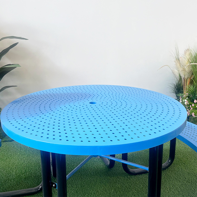 Wholesale Park Furniture 6ft Steel Picnic Table Commercial Expanded Metal Large Outdoor Round Picnic Dining Table With Umbrella