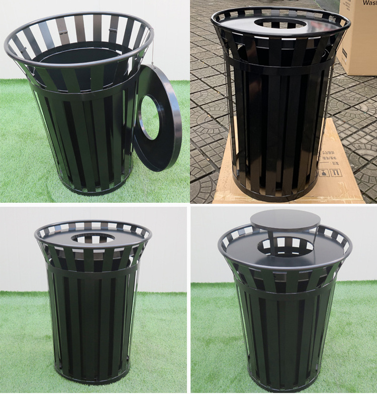 Outdoor Street Metal Steel Round Recycle Trash Bin 140 Liter Garbage Can 38gal Black Waste bin Container