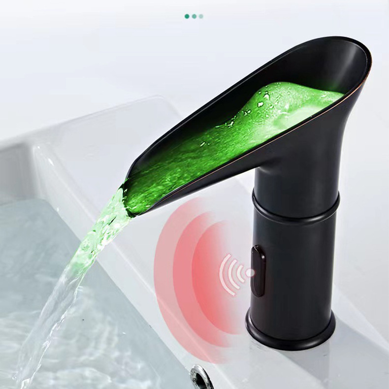 Bathroom Basin All Copper Black Automatic Induction Color Change Light Cold And Hot Water Faucet