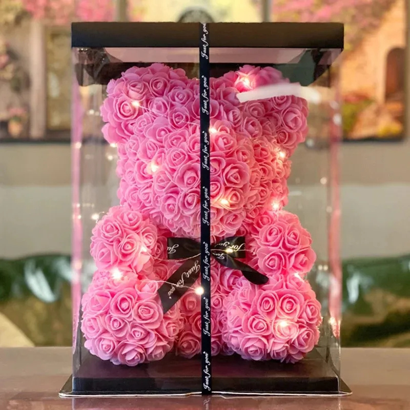 Wholesale Christmas Valentines Day 25cm Preserved Foam Flower Teddy Rose Bear with Box Set Gift for Women Girls