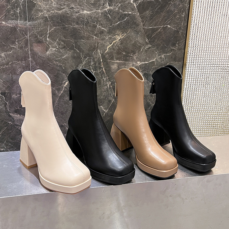 Wholesale Women Boots Solid Color Square Toe Chunky Heel Back Zipper Martin Boots For Women Shoes