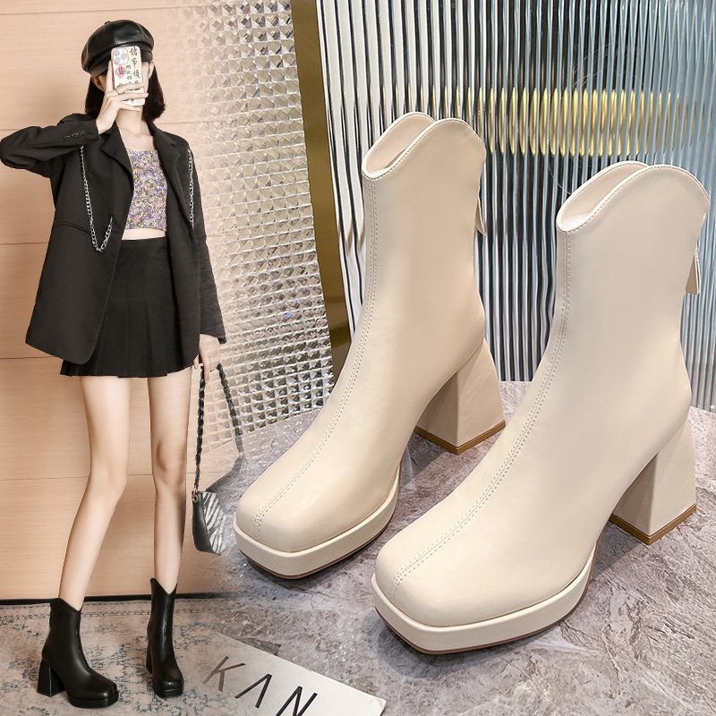 Wholesale Women Boots Solid Color Square Toe Chunky Heel Back Zipper Martin Boots For Women Shoes