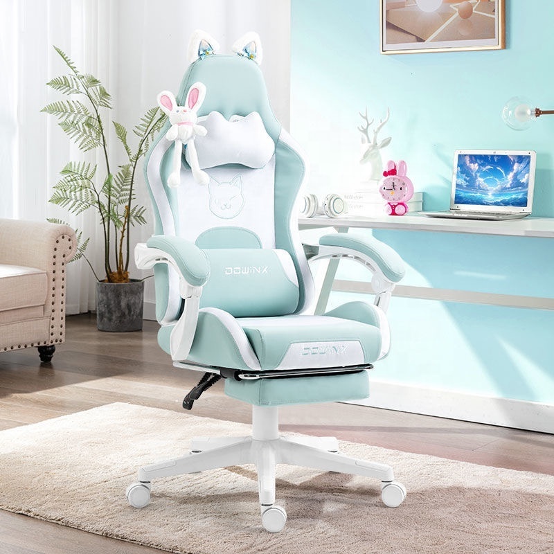 Pink Cute Gaming Chair with Cat Ears Ergonomic Computer Chair with Footrest Reclining PC Game Chair for Girl Teen Kids