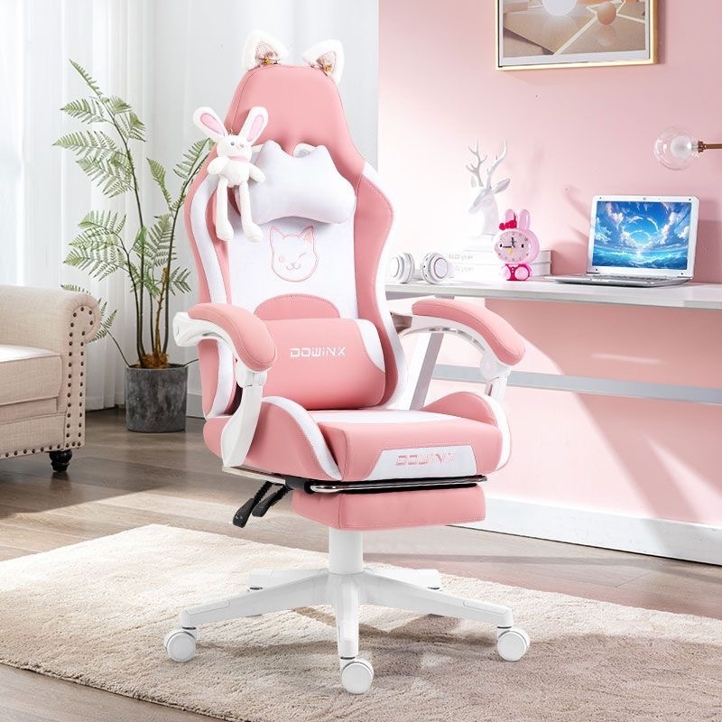 Pink Cute Gaming Chair with Cat Ears Ergonomic Computer Chair with Footrest Reclining PC Game Chair for Girl Teen Kids