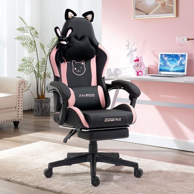 Pink Cute Gaming Chair with Cat Ears Ergonomic Computer Chair with Footrest Reclining PC Game Chair for Girl Teen Kids