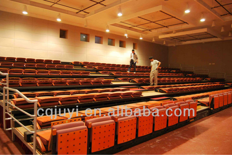 JY-780 telescopic seating system wooden armrest chair bleachers with chrome metal chair legs feet Telescopic bleachers