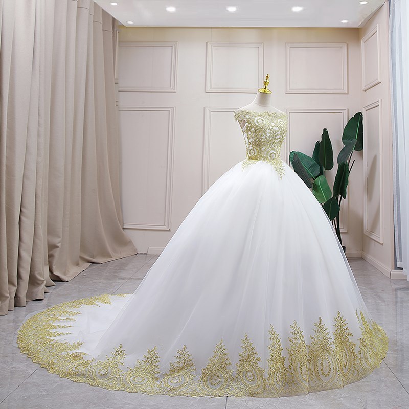 White with Gold Lace Off The Shoulder Wedding Dresses Vintage Party Prom Dress Embroidery Ball Gown Beading Wedding Gowns