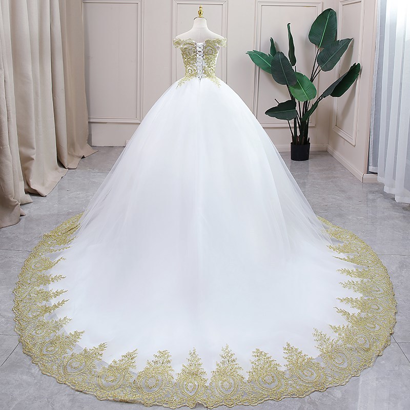 White with Gold Lace Off The Shoulder Wedding Dresses Vintage Party Prom Dress Embroidery Ball Gown Beading Wedding Gowns