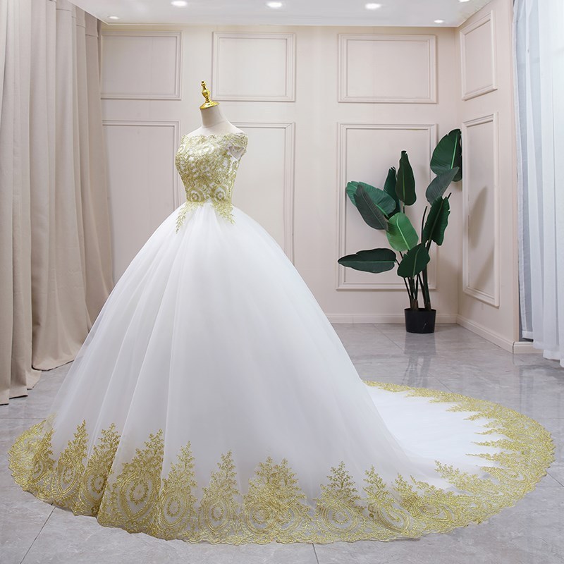 White with Gold Lace Off The Shoulder Wedding Dresses Vintage Party Prom Dress Embroidery Ball Gown Beading Wedding Gowns