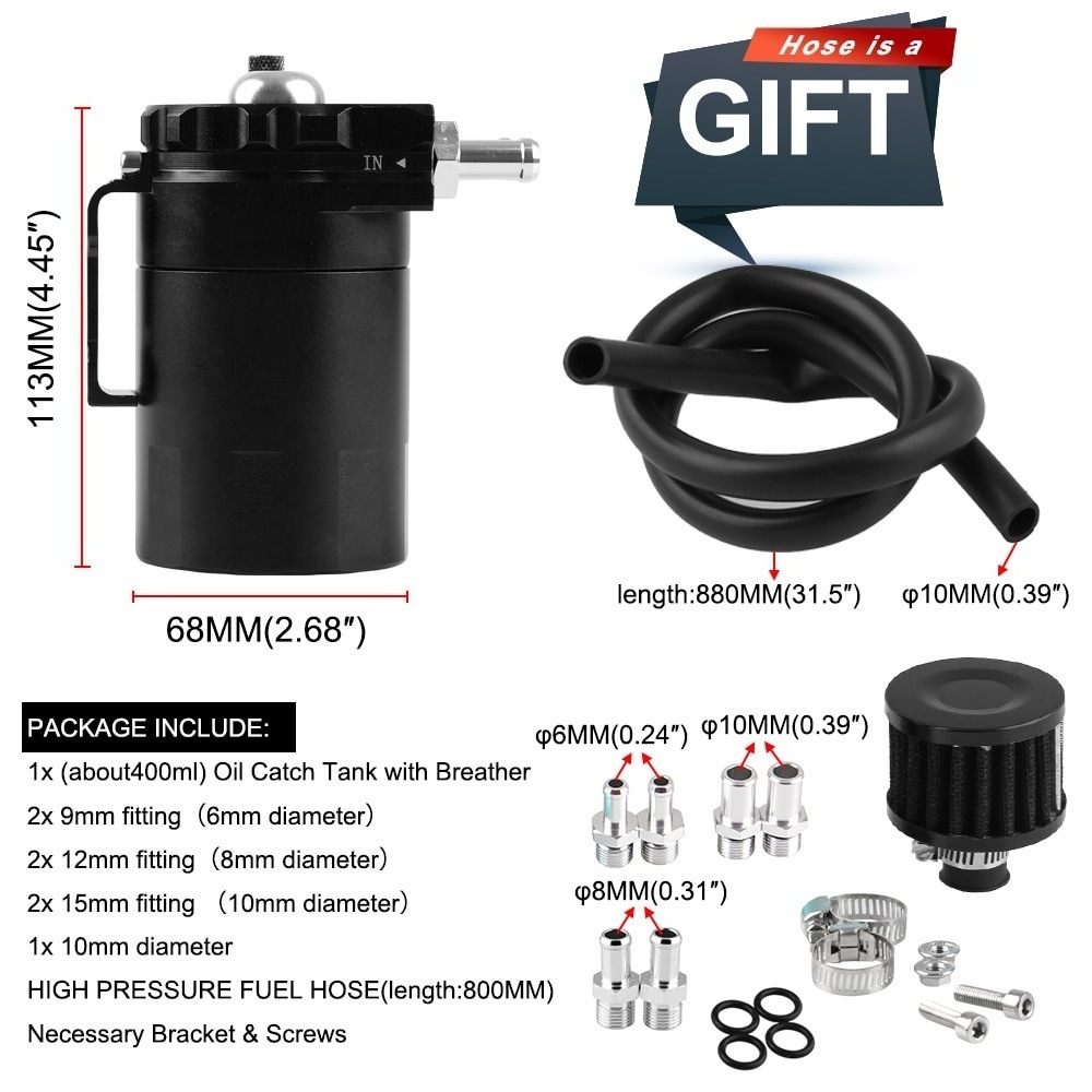 Universal Baffled Aluminum Oil Catch Can Reservoir Tank / Fuel Tank + Breather Air Filter Fuel Surge Tank