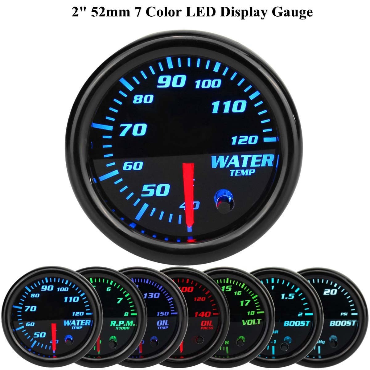 2'' 52mm 7 Color LED Gauge Car Mechanical Boost PSI BAR Oil Press Oil Temp Water Temp RPM Tach Vacuum Volt Universal Meter