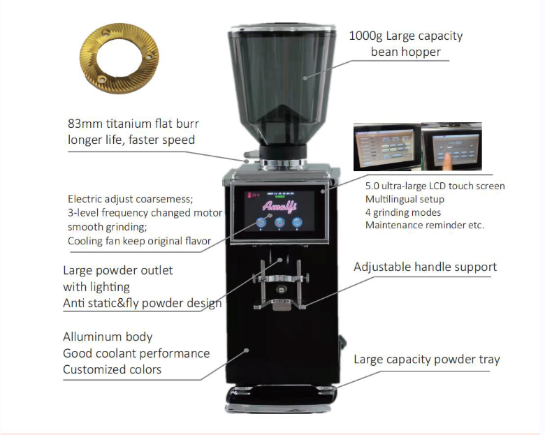 Touch Screen Espresso coffee grinder with 83mm Titanium Burr and Automatic Coffee grinder for Small Coffee Shop