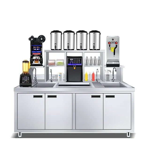 1.5M Milk Tea Making Bubble Tea Bar Counter With Refrigeration Cabinet Double Pool for Sale