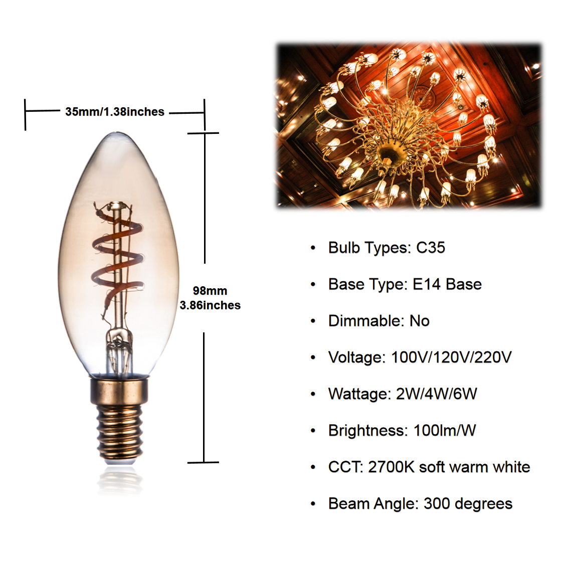 E14 European Base LED Filament C35 Bullet Top Vintage Edison Bulb 4W Warm White 2700K No-Dimmable