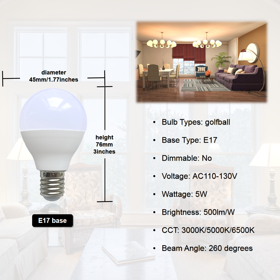 E17 LED Bulb 5W 40W Equivalent Daylight White 6000K  G14 LED Bulbs E17 Intermediate Base for for Ceiling Fan