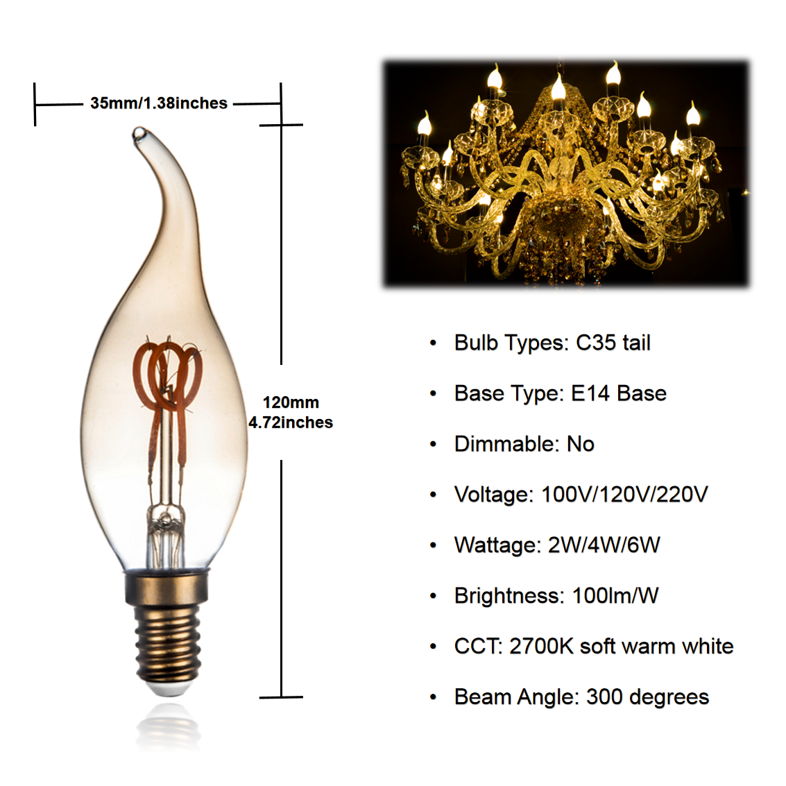 Candelabra Light Bulb E14 Base 1W Edison Bulb Candle Light with Flame Tip