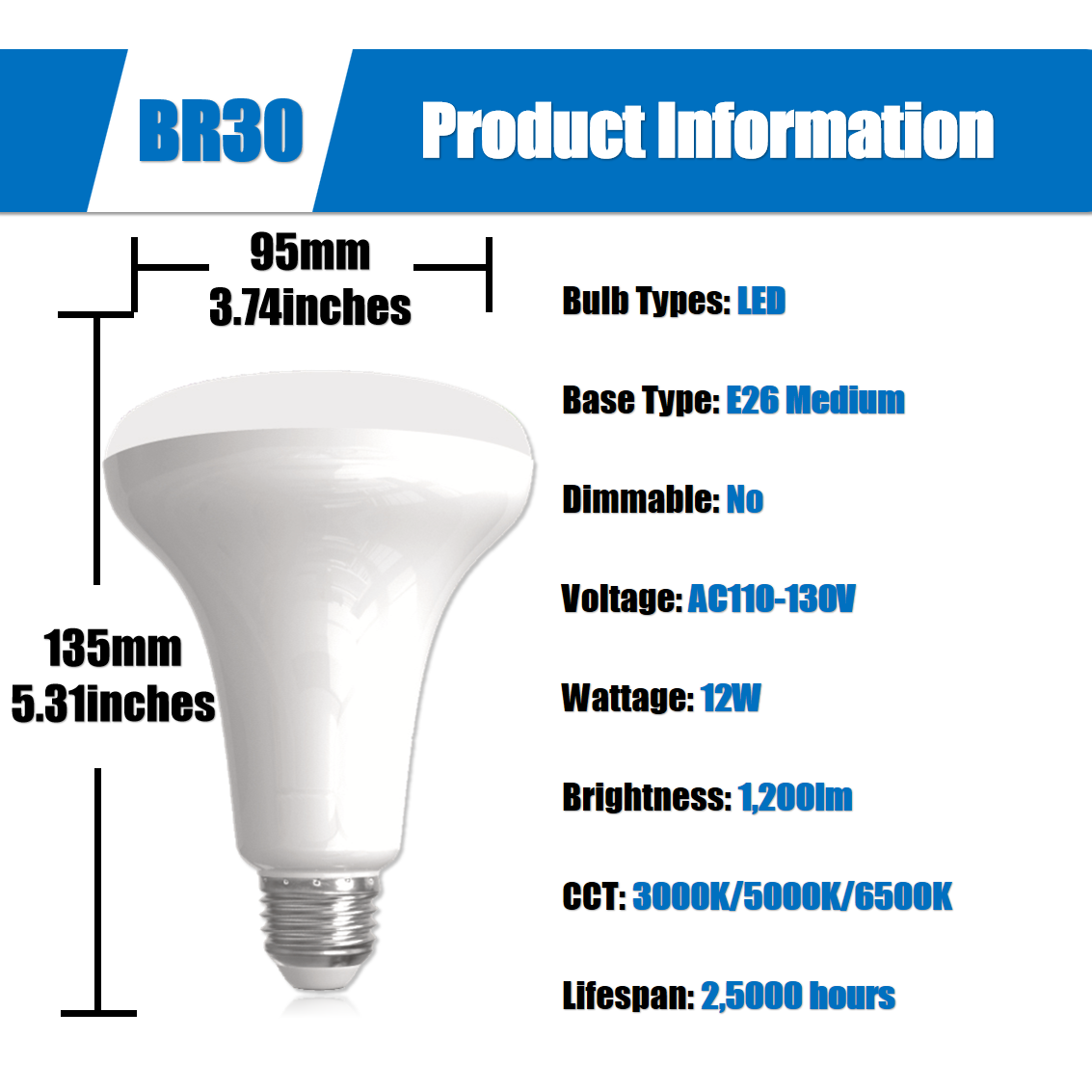 85W Equivalent BR30 LED Light Bulb, 12W Indoor Flood Light E26 Medium Base, 1200 LM Recessed Can Non-Dimmable BR30 Lamp