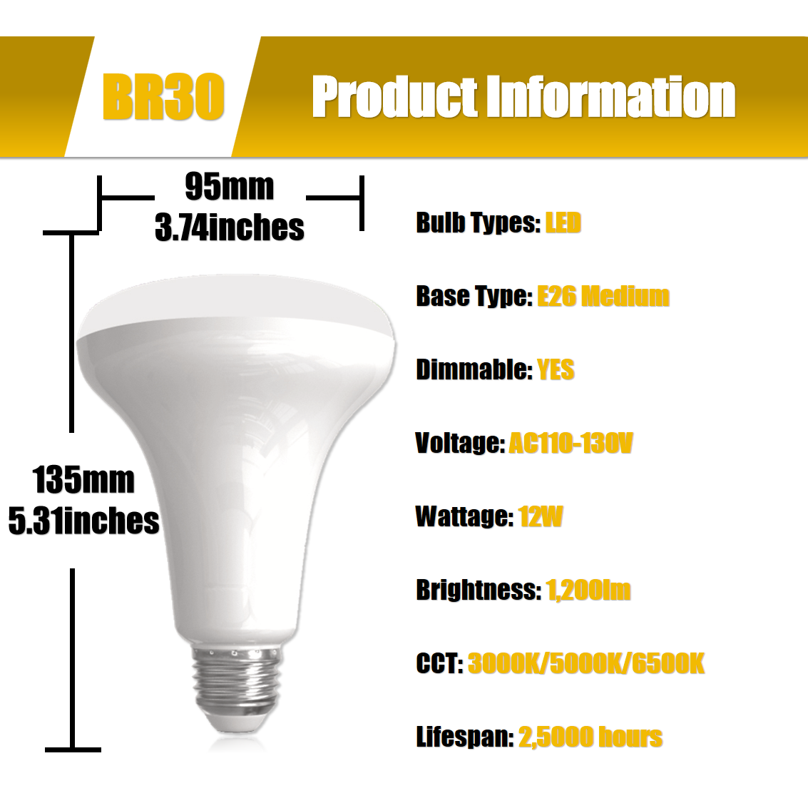 Dimmable LED Bulb BR30, 9W 10W 12W LED Flood, BR30 LED Spot Medium Base E26 120V 5000K Daylight