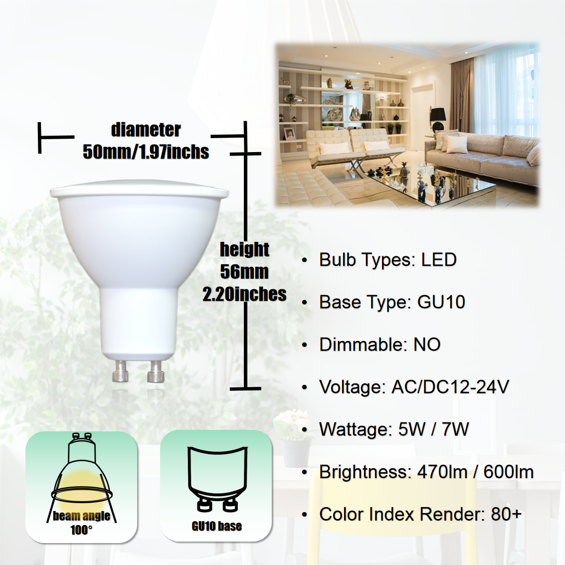 Low Voltage LED Flood, 5W MR16 GU10 Base LED Spot, AC110-130V Bi-pin Base LED Lamp 12V 24V Light Bulb