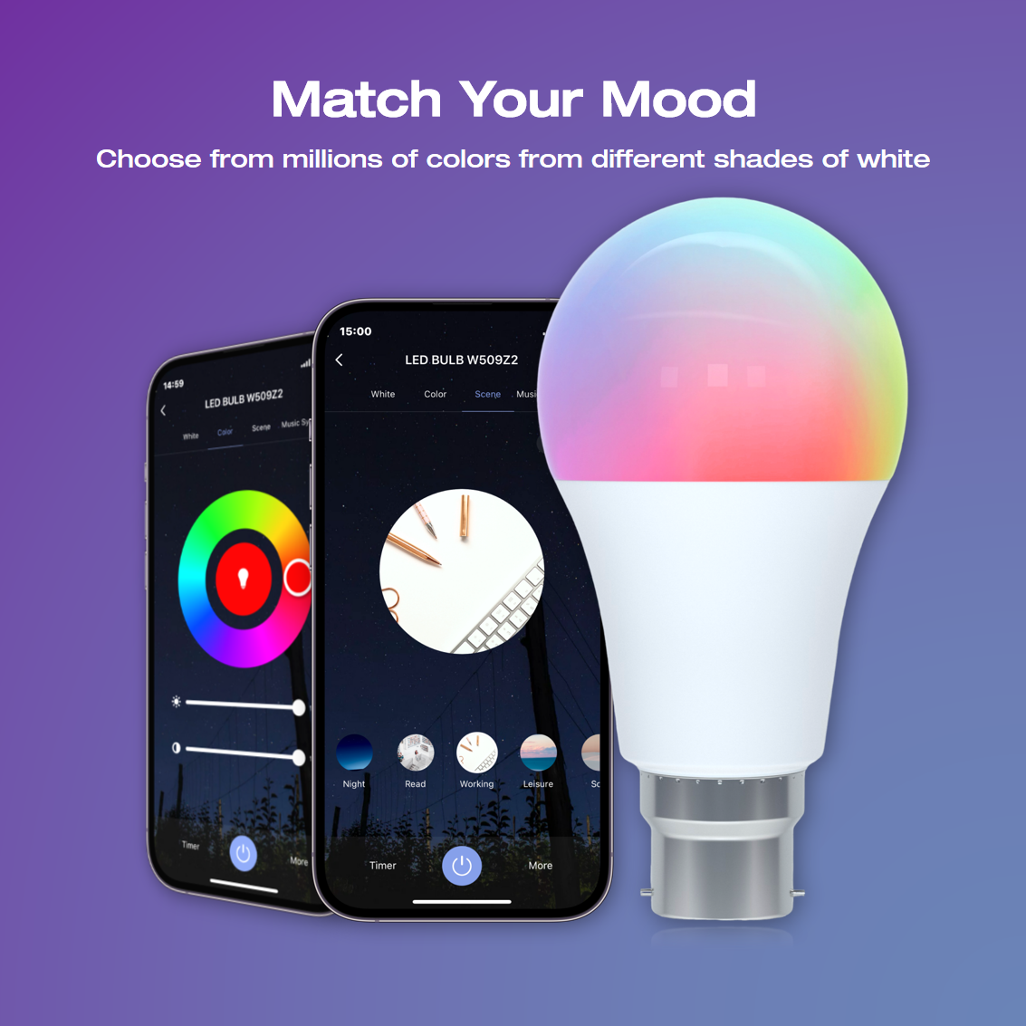 Smart LED Wi-Fi Bulb with B22 Bayonet, Color Changing RGBCW Light Bulb Flash to Music, B22 LED Bulb Voice Command