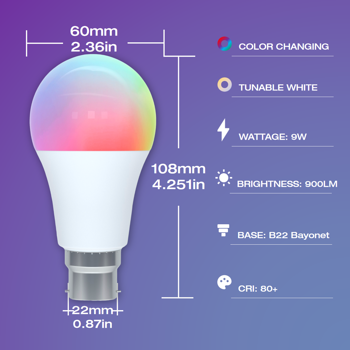 Smart LED Wi-Fi Bulb with B22 Bayonet, Color Changing RGBCW Light Bulb Flash to Music, B22 LED Bulb Voice Command