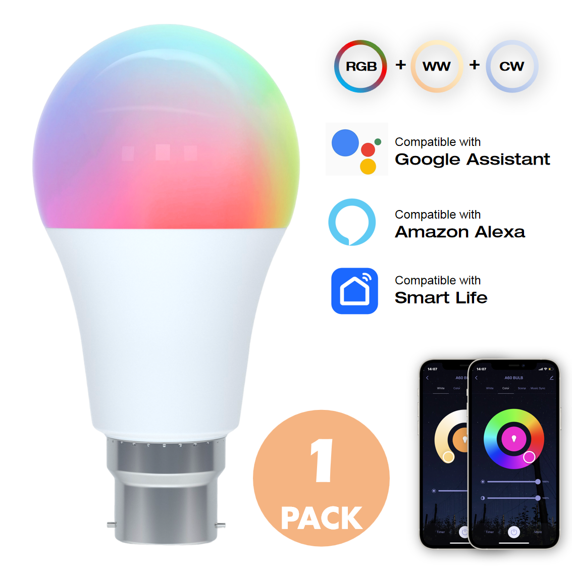 Smart LED Wi-Fi Bulb with B22 Bayonet, Color Changing RGBCW Light Bulb Flash to Music, B22 LED Bulb Voice Command