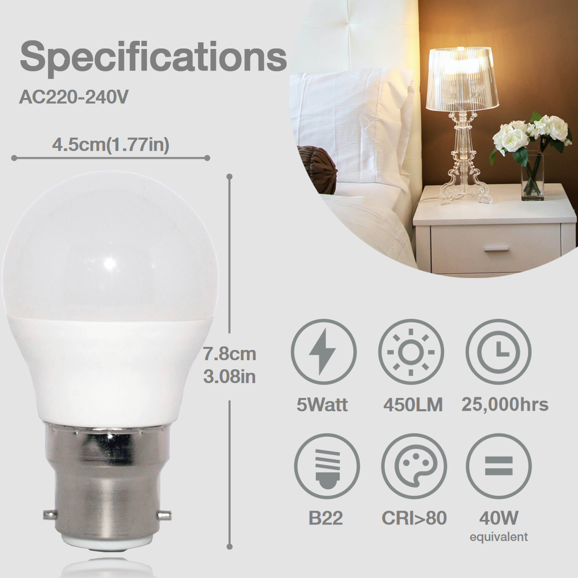 B22 LED Bulb Bayonet Plug, 5W Golfball Sized Small LED Bulb 450LM, Globe Light Bulb with B22 Bayonet Twist & Lock