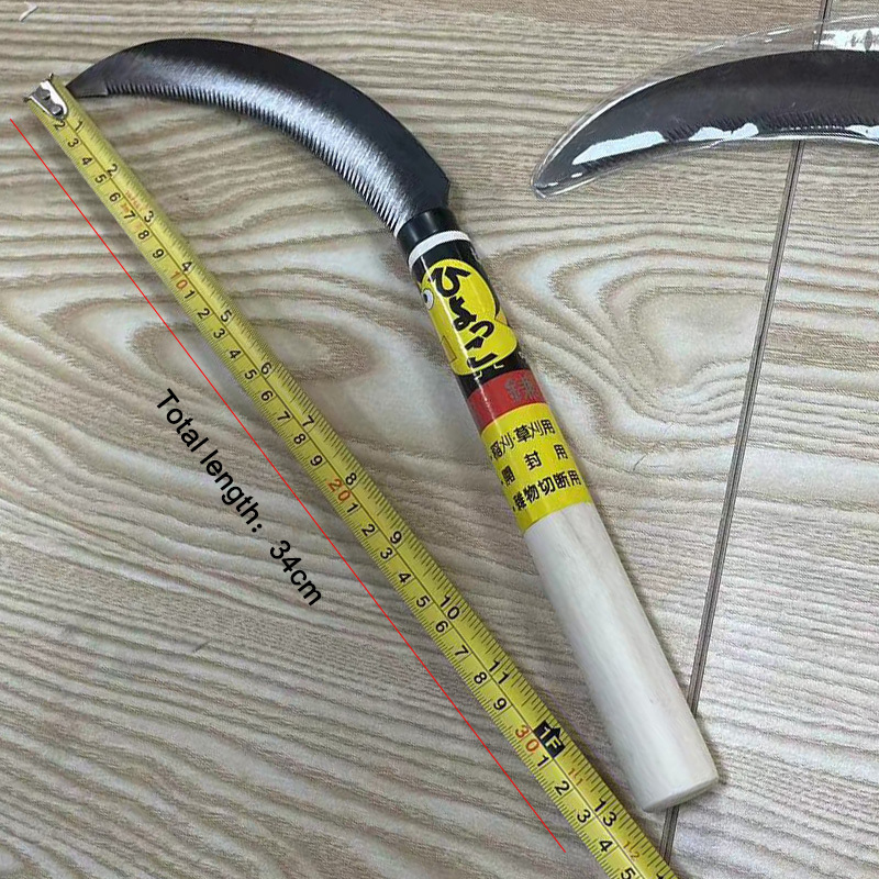 High quality solid wood handle 65 Mn steel sickle Outdoor agricultural serrated Japanese sickle