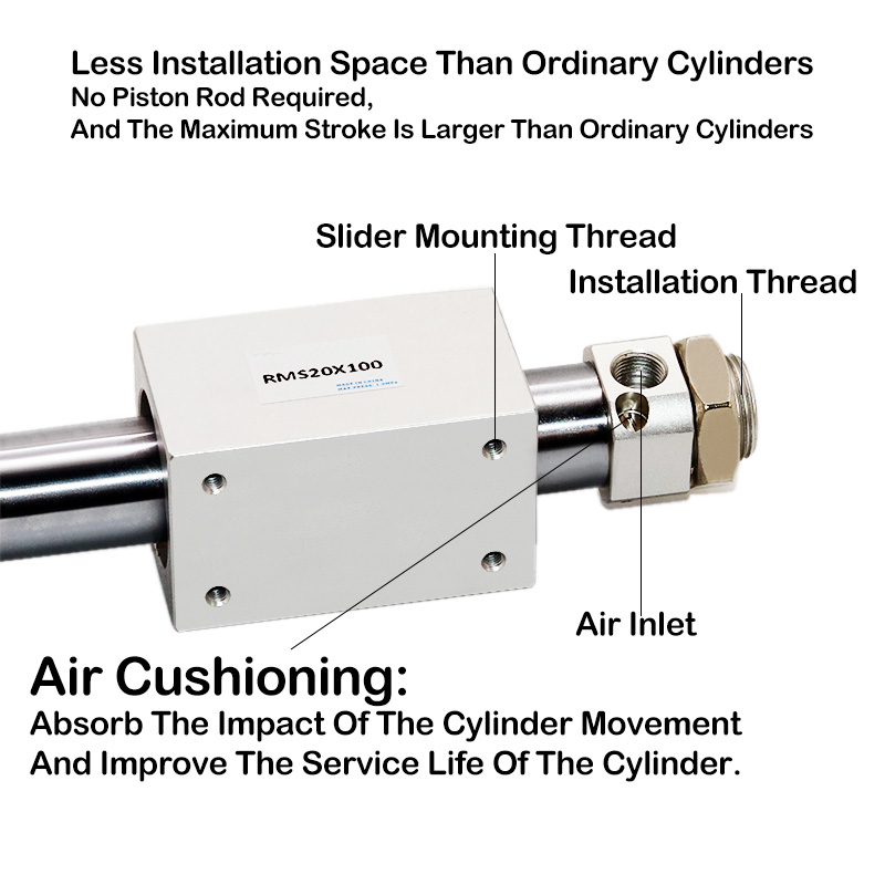 Air Cylinder RMS Series 20mm Bore RMS20 Rodless Magnetic Cylinder Pneumatic Cylinder Double Acting 50mm-1000mm Stroke