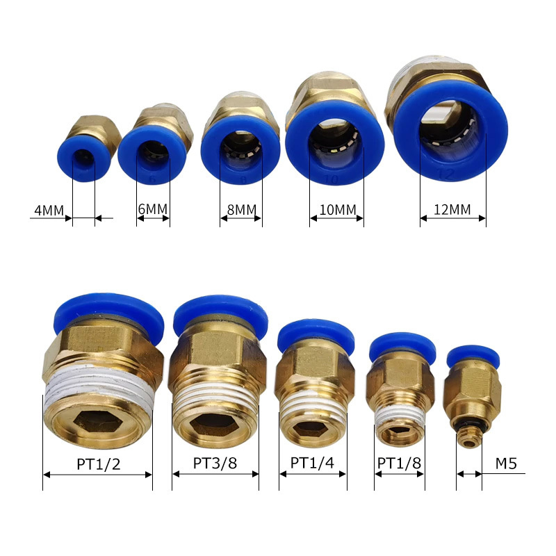 PC Type 4-16mm 1/8 1/4 3/8 1/2 M5 BSPT Thread Blue Quick Push In Air Straight Joint Brass Plastic Male Tube Pneumatic Fittings