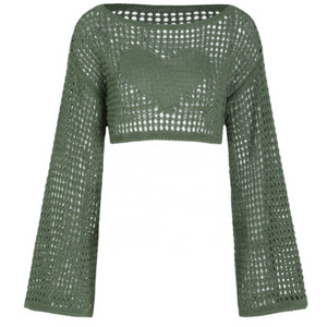 Short navel-baring bell-sleeved sweater for spring and summer paired with Y2K hollow knitted blouse