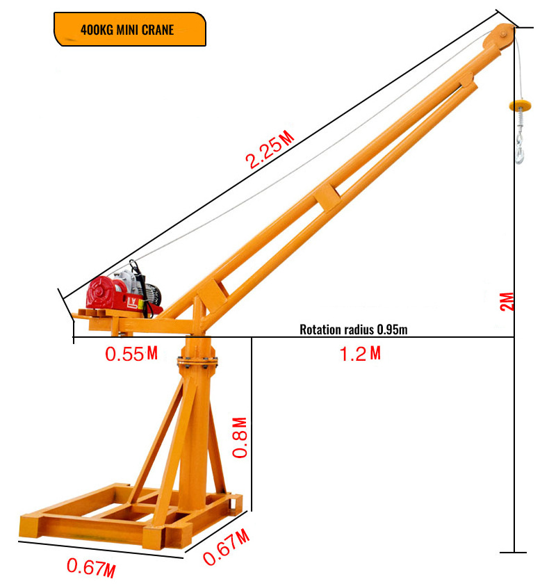 500kg mini crane lifting 200kg small portable crane with 220v electric hoist