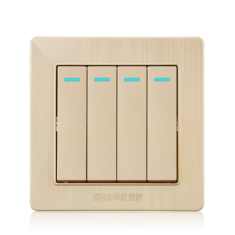 SHARE Factory Price 4 Gang 2 Way Switch Socket Wall Gold Color 10A Modern Electric Wall Switch